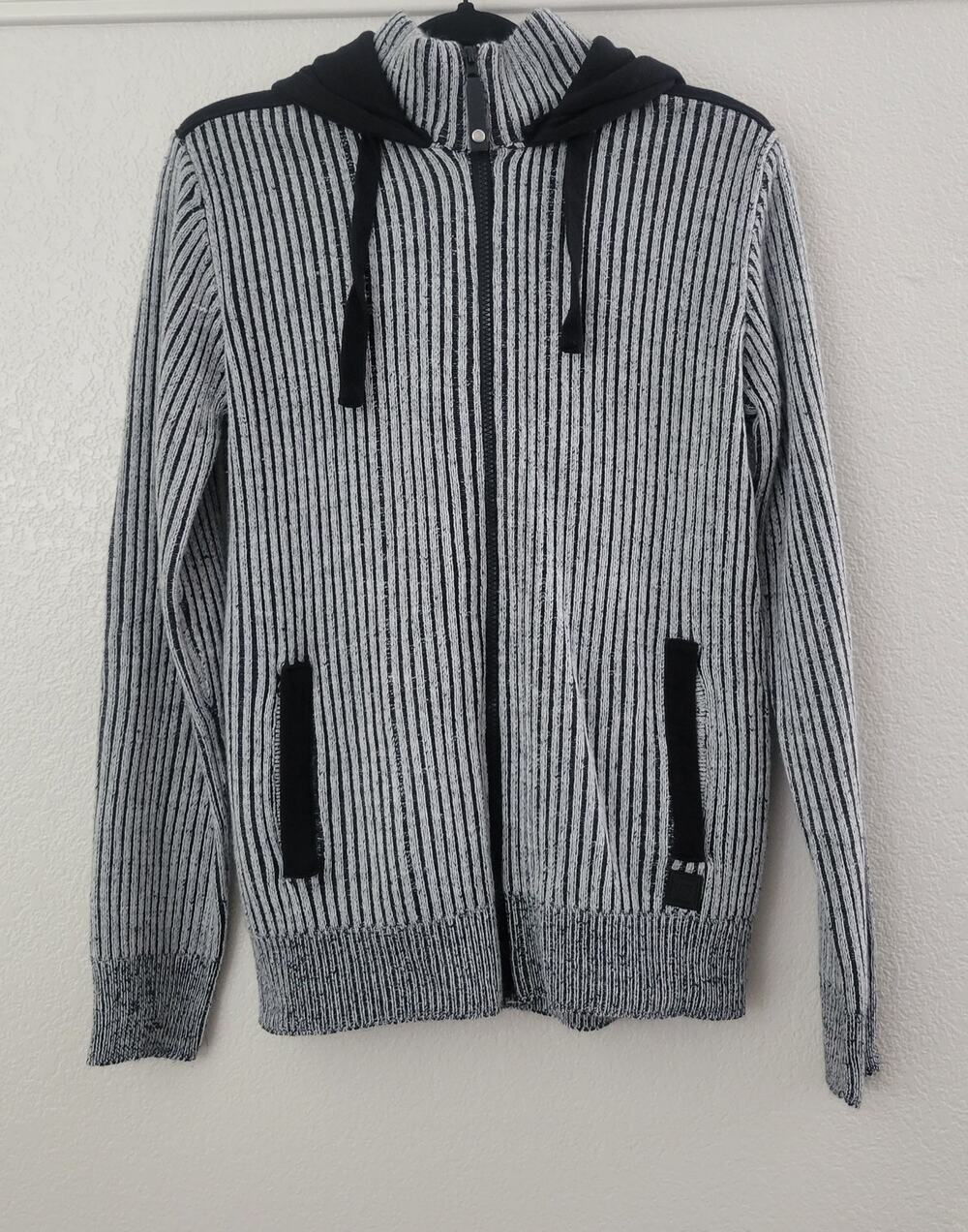 Fried Denim NYC Men's Medium Full Zip Hoodie Knit Sweater Gray Black Ribbed